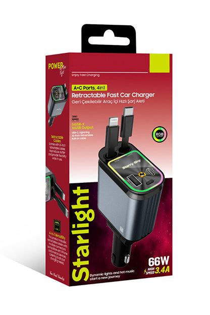 KABLOXDRIVE 66W Akıllı Araç Şarjı — LED Aydınlatmalı 4in1
