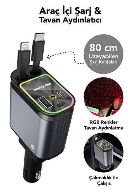 KABLOXDRIVE 66W Akıllı Araç Şarjı — LED Aydınlatmalı 4in1