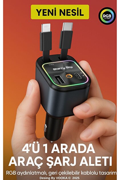 KABLOXDRIVE 66W Akıllı Araç Şarjı — LED Aydınlatmalı 4in1